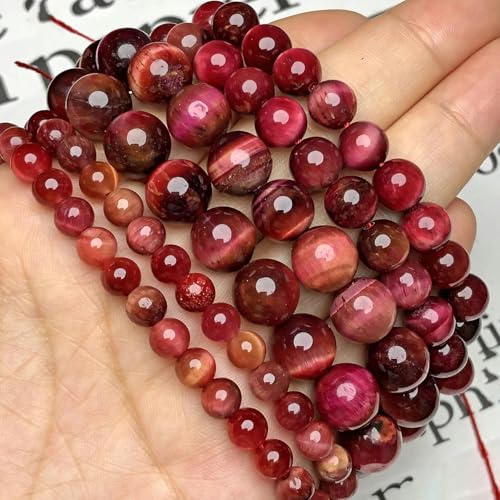 AAA+ Naturstein Blauer Kyanit Zweifarbige Tigerauge-Perlen, rund, lose Abstandsperlen, Edelsteinperlen zur Schmuckherstellung, DIY-Halsketten-Armband-Rosa-Rot-10 mm, 34–36 Stück von YOLNEY