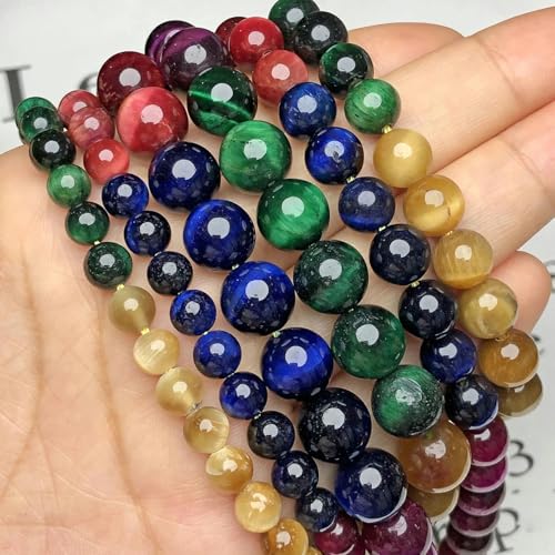 AAA+ Naturstein Blauer Kyanit Zweifarbige Tigerauge Perlen Runde lose Abstandshalter Edelsteinperlen zur Schmuckherstellung DIY Halskette Armband-Mix Farbe-12mm 28-30Stk von YOLNEY