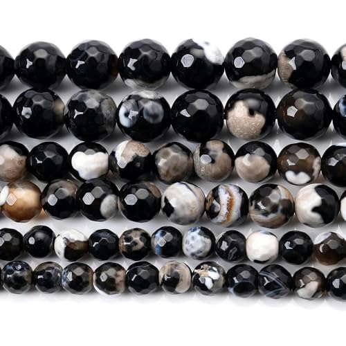 Natursteinperle, schwarz-weiß, Katzenauge, Opal, Lava-Achat, Hämatit, runde Perlen für Schmuck, DIY-Armband, 4–12 mm, feuerfacettierte Achate, ca. 10 mm, 35 Perlen von YOLNEY