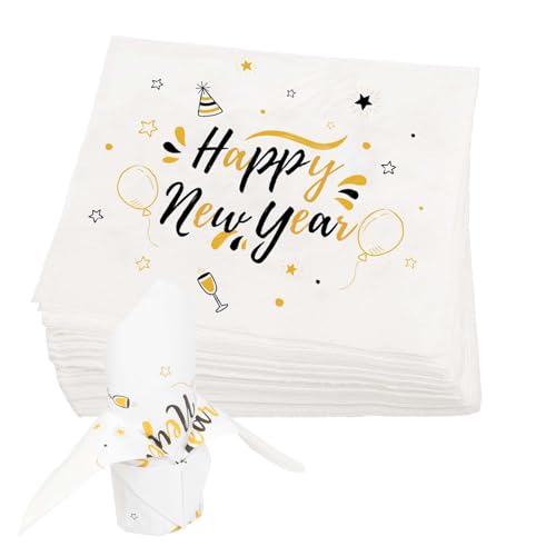 YOLOUP 40 Stück Happy New Year Servietten 2025 Silvester Servietten 33x33cm Neujahr Papierservietten Schwarz Gold Neujahrsservietten Tischdeko für Silvester Neujahr Party Dekoration von YOLOUP