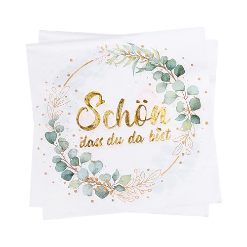 YOLOUP 40 Stück Servietten Hochzeit Servietten Schön Dass Du Da Bist Papierservietten Hochzeit Eukalyptus 3-lagig Grünes Blatt Servietten Tischdeko für Hochzeit Goldhochzeit Silberhochzeit 33x33cm von YOLOUP