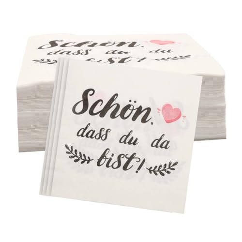 YOLOUP 40 Stück Servietten Schön dass du da bist Servietten Hochzeit Papierservietten Hochzeiten Weiß Hochzeitsservietten mit Rosa Herz Eukalyptus Napkins für Brautpaar Hochzeiten von YOLOUP