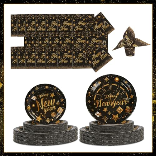 YOLOUP 80 Stück Silvester Partygeschirr Schwarz Gold Neujahr Pappteller Silvester Papierteller Partyteller für 20 Personen Happy New Year Party Geschirr für 2024 Silvester Dekoration Partyzubehör von YOLOUP