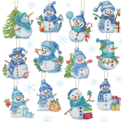 YOMOVER Schneemann Diamond Painting Anhänger - 12 Stück Weihnachten Schneemann Diamond Painting Schlüsselanhänger Geschenk DIY Weihnachten 5D Diamond Painting Getränke Anhänger Geschenk Kinder von YOMOVER