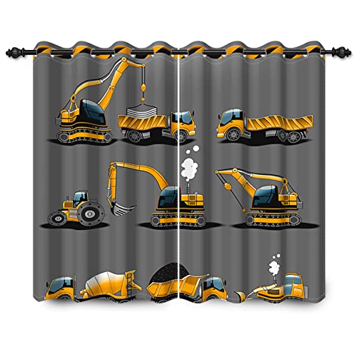 YongFoto 168x229cm Bauwagen Verdunkelungsvorhänge Cartoon Bagger Gelb Kinder Maschinen Auto Schwarz für Wohnzimmer Kinderzimmer Fenstervorhänge, 2 Panel Home Set mit Löchern von YONGFOTO