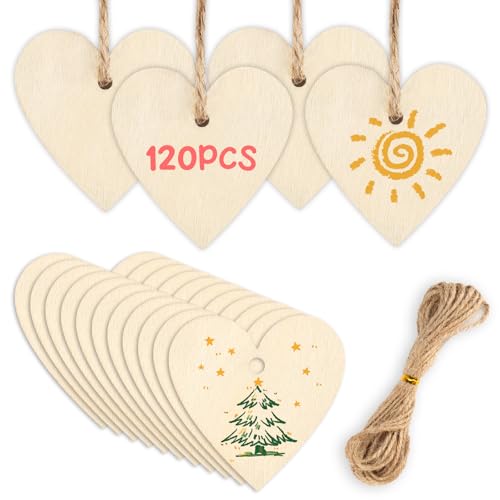 Holzherzen mit Loch, 120 Stück Holzherzen zum Beschriften, 40 mm Holzherzen Hochzeit mit 10m Jute Schnur, Holzherzen Deko für DIY Handwerk, Hochzeit, Gästebuch Beschriften von YONGQING