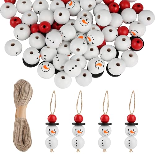 YONGQING 120 natürliche Holzperlen für 30 Sets Schneemänner mit Schnur, 20mm Schneemann-Gesicht Holzperlen-Set für DIY-Basteleien, Weihnachten, Halloween, Winter-Dekorationen (Rote Mütze) von YONGQING