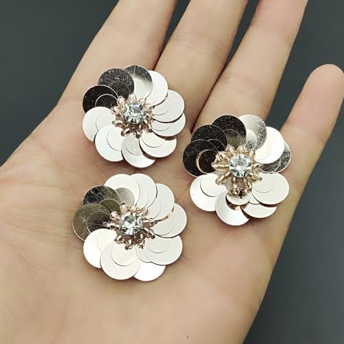 YOOGCORETT 12 Stück Pailletten-Stickerei Blume Strass Perlen Patches Applikationen Trim DIY Handwerk Nähen Pailletten Dekor, Champagner, 6,9 x 5,8 cm von YOOGCORETT