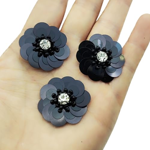 YOOGCORETT 12 Stück Pailletten-Stickerei Blume Strass Perlen Patches Applikationen Trim DIY Handwerk Nähen Pailletten Dekor, Schwarz, 6,9 x 5,8 cm von YOOGCORETT