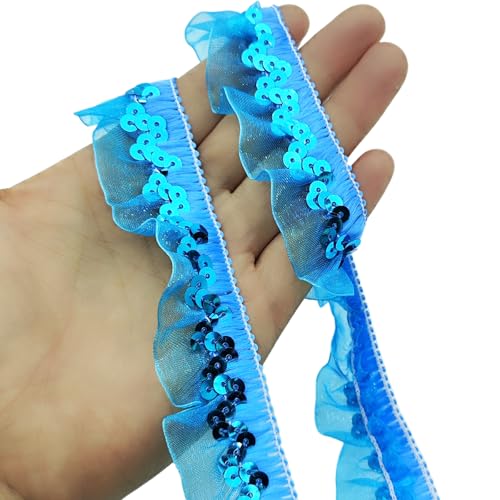 YOOGCORETT 4,5 m blaues elastisches Pailletten-Spitzenband, plissiert, Chiffon, Stretch-Paillettenapplikation für Heimwerker, Nähen, Hochzeit, Pailletten-Spitzendekorationen, Breite 30 mm von YOOGCORETT