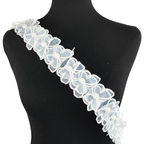 YOOGCORETT Spitzenband aus Chiffon, 91 cm, 2 Schichten, Weiß, Perlen, Schmetterling, Chiffon, Spitzenborte, zum Basteln, Nähen, Hochzeit, Spitzendekorationen, 5,1 cm von YOOGCORETT