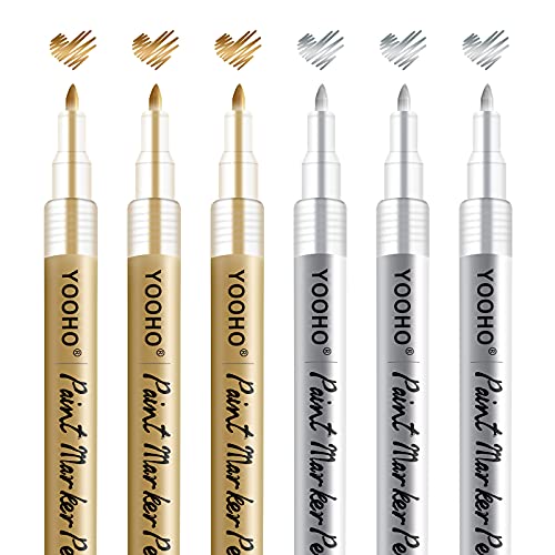 YOOHO Gold Silber Metallic Stifte Acrylstifte Set Wasserfest, 0.7 mm Dünner Spitze Multimarker für Steine Holz Glas Scrapbook Leinwand Leder Keramik DIY Zeichnung (3 Gold und 3 Silber) von YOOHO