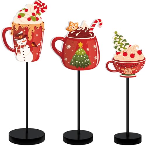 YOOIPI 3 Stück Weihnachten Holz Tischdeko Holz Hot Cocoa Cup Tisch Tafelaufsätze Schild Winter Urlaub Dekorationen für Zuhause Kaffee Bar Heiße Schokolade Bar von YOOIPI