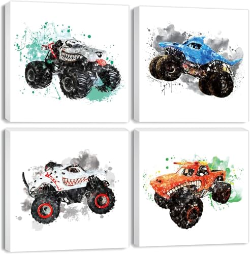 YOOOAHU Monster Truck Badezimmer Dekor Megalodon Truck Wandkunst Auto Bilder für Jungen Aquarell Cartoon Auto Leinwand Poster Kinderzimmer Coole Fahrzeug Malerei Kinderzimmer Kleinkind Kunstwerk von YOOOAHU