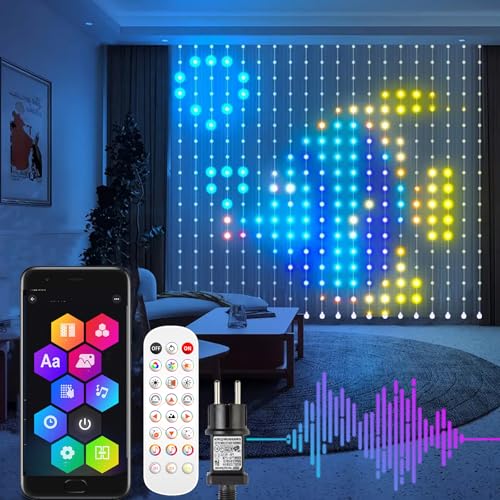 YOOULIT Smart Lichtervorhang 1.5x1.5M, IP65 Wasserdicht Curtain Lights, LED Vorhang Lichterkette mit 400 LED, Fernbedienung und APP Steuerung, DIY Lichtmuster Lichterketten Vorhang für Party Hochzeit von YOOULIT