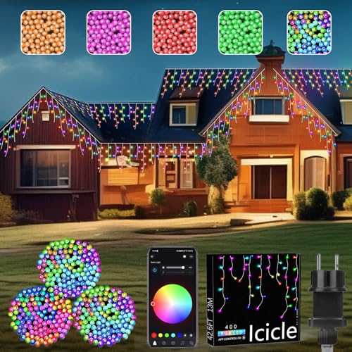 2er-Pack Eiszapfen Lichterkette 13M,400 LED RGB 16 Million Colors,Weihnachtsbeleuchtung außen,Smart LED Weihnachtsbeleuchtung App Steuerung für Wohnzimmer Haus von YOOWARM