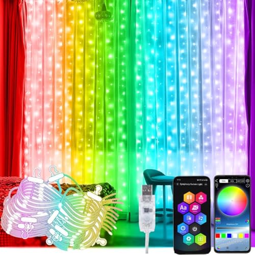 Lichterketten Vorhang, 3x3m 300 LED Lichtervorhang RGB 16 Mio. Farben APP und USB, Sync mit Musik Lichterkettenorhang innen Bunt für Festliche Party Innen und außen Deko,Smart Lichtervorhang von YOOWARM