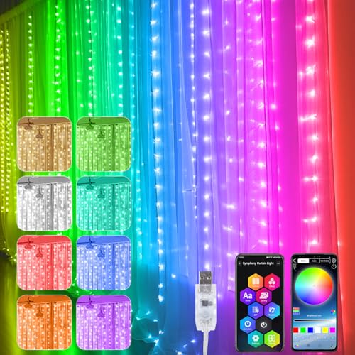 Lichterketten Vorhang, 3x3m 300 LED Lichtervorhang, RGB 16 Mio. Farben, APP und USB, Sync mit Musik Lichterkettenorhang Bunt für Festliche Party Innen und außen Deko von YOOWARM