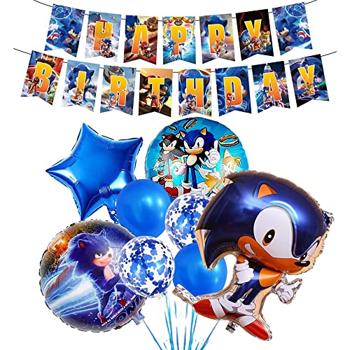 YOOYEH Sonic Birthday Party Dekorationen, 1 Happy Birthday Banner 8 Luftballons Latex Folienballons Sonic Birthday Party Dekoration Supplies für Jungen Mädchen von YOOYEH