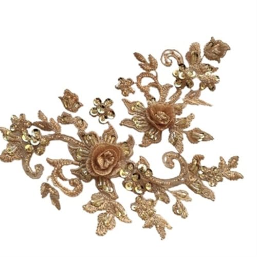 2 paar Multicolor DIY Handgemachte Perlen Applique Blume Patch Hochzeit Kleid Zubehör Spitze Ausbessern Kleidung(Gold) von YOPI