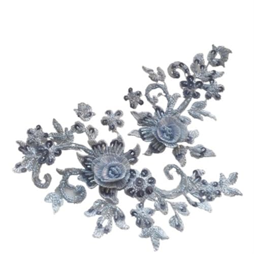 2 paar Multicolor DIY Handgemachte Perlen Applique Blume Patch Hochzeit Kleid Zubehör Spitze Ausbessern Kleidung(Gray blue) von YOPI