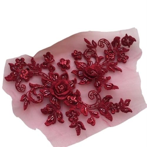 2 paar Multicolor DIY Handgemachte Perlen Applique Blume Patch Hochzeit Kleid Zubehör Spitze Ausbessern Kleidung(Wine red) von YOPI