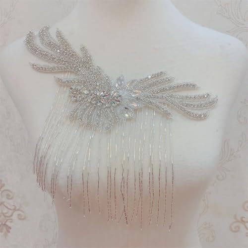 2 stücke Handgemachte Kristall Perlen Strass Applikationen Nähen/Aufbügeln Schulter Trim for Hochzeitskleid(D silver) von YOPI