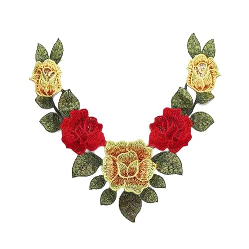 Bestickter Kragen, Stoffaufkleber, gefälschter Kragen, V-förmig, Blumen, Rosen, Blumenmuster, Bekleidungszubehör(Rot) von YOPI