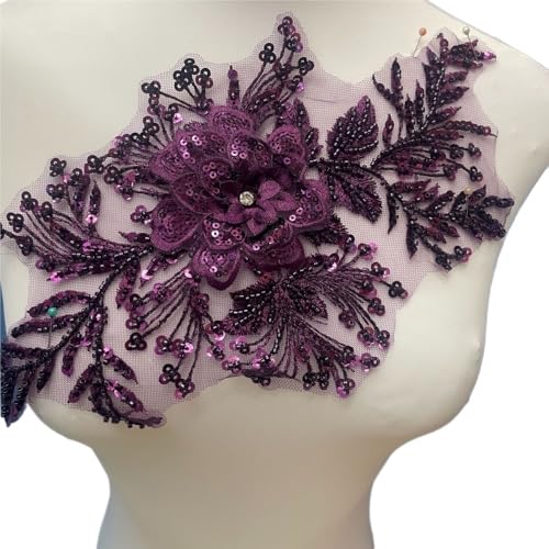 Handgemachte Spitze Blume Tuch Aufkleber Mit Perlen for Hochzeit Kleid Dekoration DIY Stickerei Spitze Zubehör(Darkpurple) von YOPI