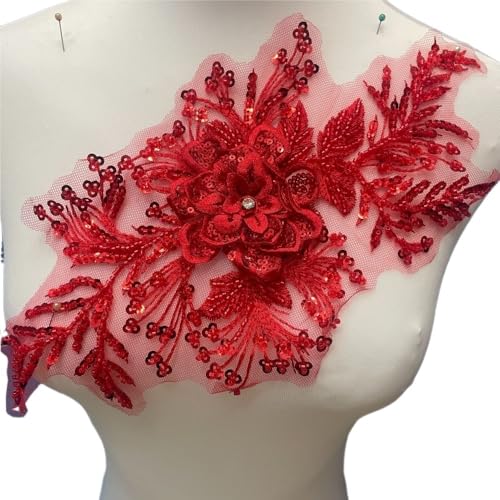 Handgemachte Spitze Blume Tuch Aufkleber Mit Perlen for Hochzeit Kleid Dekoration DIY Stickerei Spitze Zubehör(Rot) von YOPI