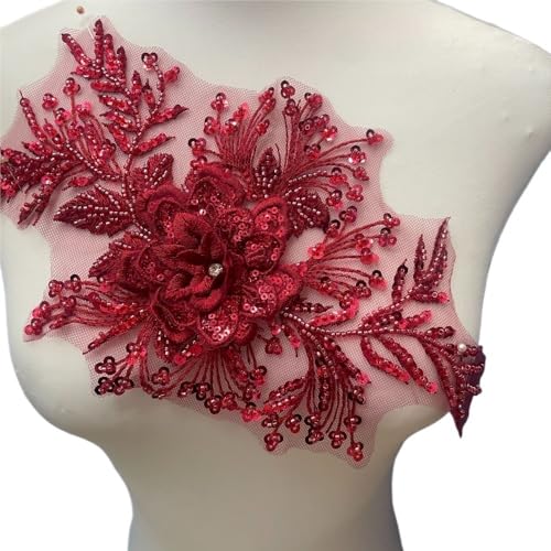 Handgemachte Spitze Blume Tuch Aufkleber Mit Perlen for Hochzeit Kleid Dekoration DIY Stickerei Spitze Zubehör(Winered) von YOPI