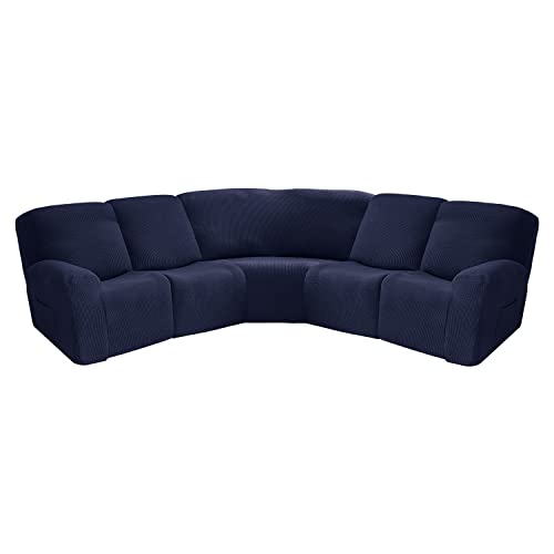 7 Stück Elastische Schnitt in L-Form Sofabezug Hüssel 5-Sitzer Aus Jacquardstoff Recliner Stuhlhussen für Wohnzimmer Schlafzimmer Abnehmbare Waschbar-Navy blau von YOPOIY