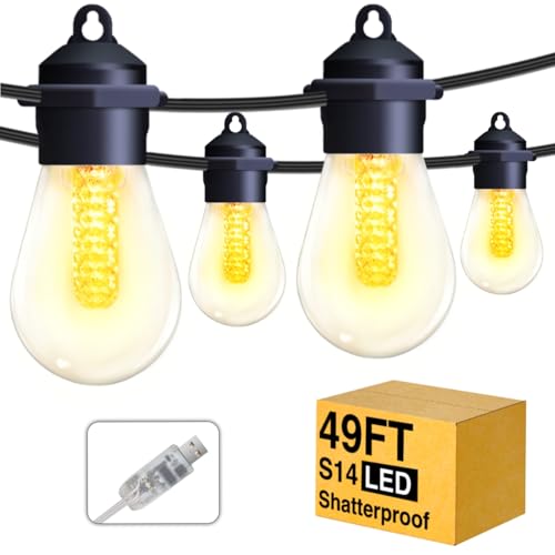 Led Lichterkette Außen Strom LED Glühbirnen,15M Outdoor Lichterketten Garten mit S14 20 Plastik Beleuchtung IP65 Wasserdicht String Lights für Außen & Innen Terrasse, Party, Balkon (White) von YORABO