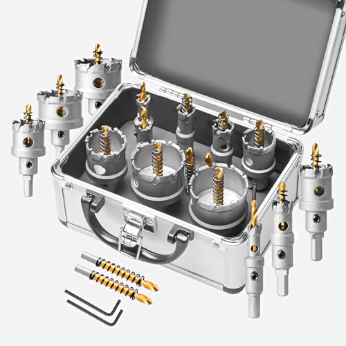 YOSIGHT 10-tlg. Upgrade Schwerlast Hartmetall Lochsägen-Set - Metall Stahl Lochsäge Bohrer TCT Lochschneider mit 2 Zentrierbohrern 2 L-Schlüsseln - Lochsägen-Set für Metall, Stahl, Eisen, Legierung von YOSIGHT