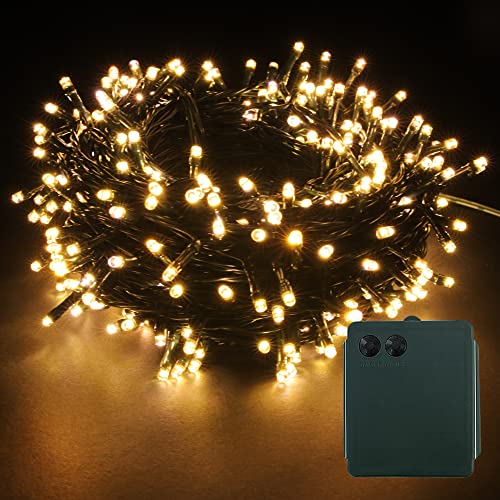 300 LED Lichterkette Batteriebetrieben Dunkelgrün Kabel 8 Modi Timer Funktion Regendicht Weihnachten Xmas Garten Party Hochzeit Dekoration (Warmweiß, 300 LEDs) von YOSION