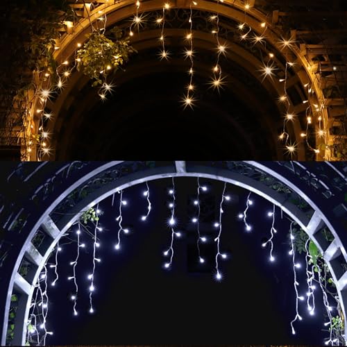 YOSION Eisregen Lichterkette, 300 LED 9M Warmweiß und Weiß Eiszapfen Lichterkette mit Timer Wasserdicht, Lichtervorhang für Außen Weihnachten Halloween Dachkante Balkon Dekor von YOSION