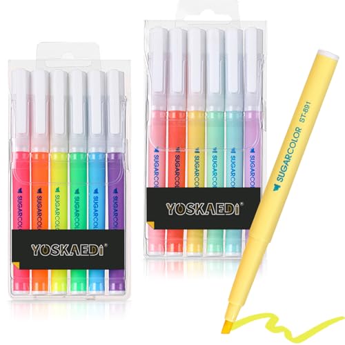 YOSKAEDI Textmarker, 12 bunte Textmarker mit 12 Farben, No Bleed und Dry Fast Leuchtstifte Bibel Marker Stifte, highlighter pen geeignet für Schulbedarf Zum Lernen und Arbeiten von YOSKAEDI