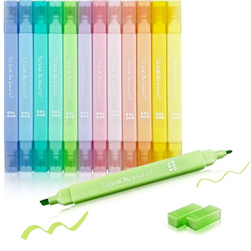 YOSKAEDI Textmarker Pastell Set,12 Stück Pastell Textmarker Doppelspitze No Bleed und Dry Fast Leuchtstifte Bibel Marker Stifte, Sehr Geeignet für Schulbedarf Zum Lernen und Arbeiten von YOSKAEDI