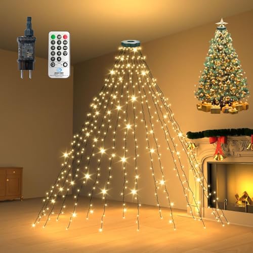 YOUBST 2m Lichterkette Weihnachtsbaum mit Ring, 300er LED Überwurf Christbaumbeleuchtung 8 Modi Timer IP44 Wasserdicht Lichterkette für 150cm, 180cm, 210cm, 240cm Tannenbaum - Warmweiß von YOUBST