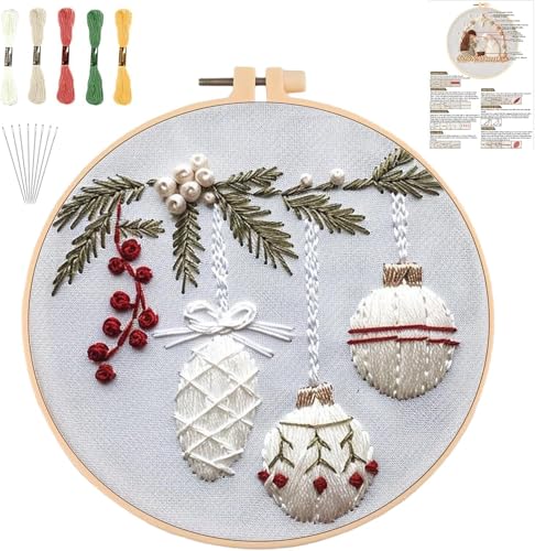 YOUDRN Weihnachts-Stickset, Weihnachtswichtel-Stickset, Weihnachts-Sticksets für Erwachsene, Anfänger mit Muster, Baumwollfäden, Nadeln, Anleitung, 20 cm Reifen (Holly-Bauble) von YOUDRN