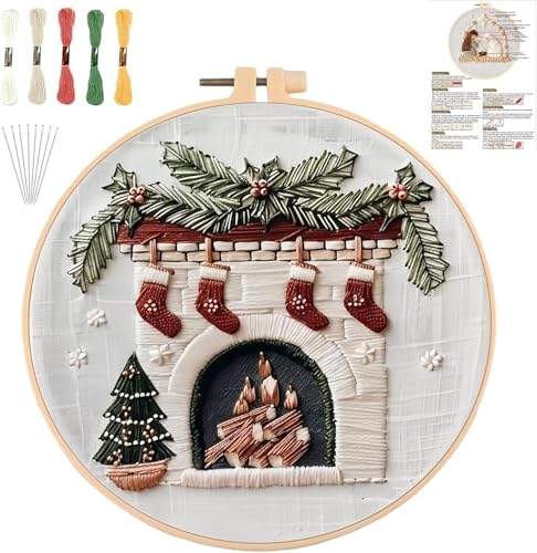 YOUDRN Weihnachts-Stickset, Weihnachtswichtel-Stickset, Weihnachts-Sticksets für Erwachsene, Anfänger mit Muster, Baumwollfäden, Nadeln, Anleitung, 20 cm Reifen (Kamine) von YOUDRN