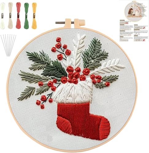 YOUDRN Weihnachts-Stickset, Weihnachtswichtel-Stickset, Weihnachts-Sticksets für Erwachsene, Anfänger mit Muster, Baumwollfäden, Nadeln, Anleitung, 20 cm Reifen (Weihnachtsstrümpfe) von YOUDRN