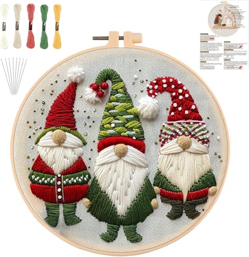 YOUDRN Weihnachts-Stickset, Weihnachtswichtel-Stickset, Weihnachts-Sticksets für Erwachsene, Anfänger mit Muster, Baumwollfäden, Nadeln, Anleitung, 20 cm Reifen (Weihnachtswichtel) von YOUDRN