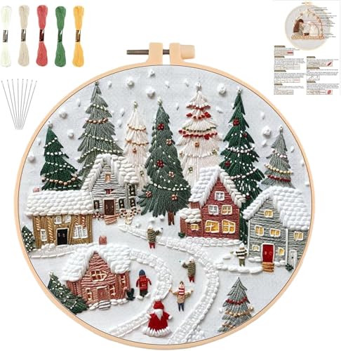 YOUDRN Weihnachts-Stickset, Weihnachtswichtel-Stickset, Weihnachts-Sticksets für Erwachsene, Anfänger mit Muster, Baumwollfäden, Nadeln, Anleitung, 20 cm Reifen (Winterdorf) von YOUDRN