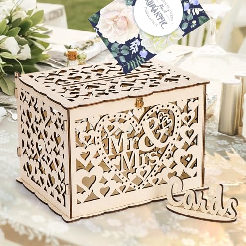 YOUEON Holz-Hochzeitskartenbox mit Schloss und Schlüssel, große rustikale Kartenbox für die Hochzeit mit Kartenzeichen, Hochzeitsbox für Karten und Geld, Hochzeitsgeschenkbox für den Empfang von YOUEON