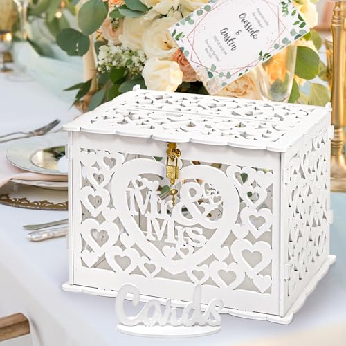 YOUEON Holz Hochzeit Karte Box mit Schloss und Karte Zeichen, Große Hochzeit Spardose, DIY Rustikale Karte Box für Hochzeit, Geschenk-Box Umschlag Box für Empfang, Jubiläum von YOUEON