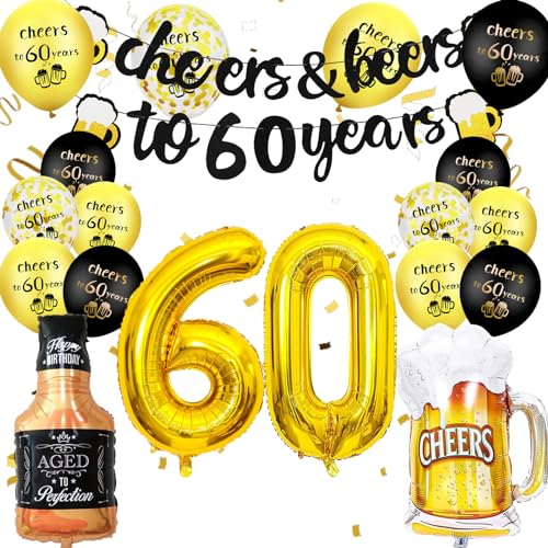 60 Jahre Mann Geburtstag Deko, 60. Geburtstag Frau Mann ballons, Gold Schwarze 60.Geburtstag Luftballons, Bier Becher Folie Ballons, 60 Happy Birthday Banner Schwarz Gold, für Geburtstag Party Deko von YOUWOSHE