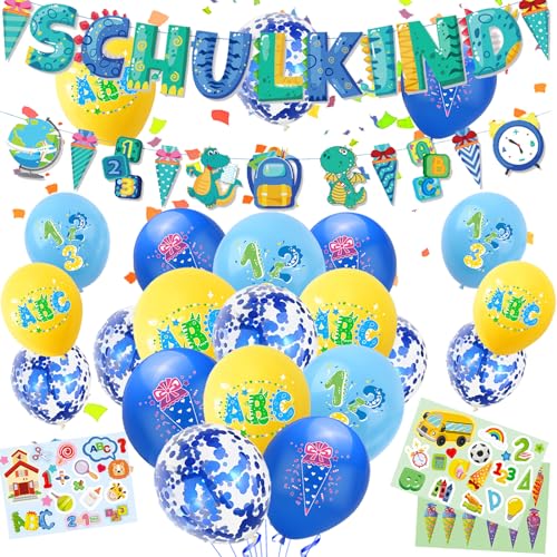 YOUWOSHE Einschulung Deko Jungen, 22 Luftballon + SCHULKIND Girlande + Zuckertüten Dinosaurier Girlande + 3 Sticker +2 Blaues Band, Schuleinführung Schulanfang Deko (Blau) von YOUWOSHE