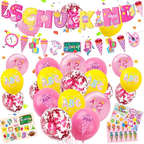 YOUWOSHE Einschulung Deko Jungen, 22 Luftballon + SCHULKIND Girlande + Zuckertüten Dinosaurier Girlande + 3 Sticker +2 Rosaes Band, Schuleinführung Schulanfang Deko (Rosa) von YOUWOSHE