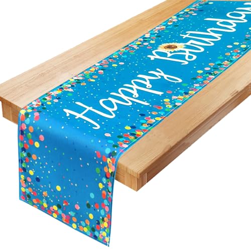 YOUWOSHE Tischläufer Geburtstag, 183x33 cm Blau Leinen Tischdecke Geburtstag, Tischdecke Kindergeburtstag, Gute Zum Geburtstag Feier Tischdecke für Junge Mädchen Geburtstagsparty Deko von YOUWOSHE